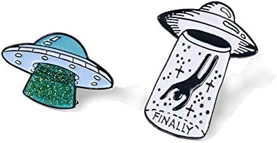 POLILI Novelty Lapel Pins Set 2pcs Alien and UFO Pattern Badges for Women Girls Kids Clothes Backpacks Decor [with Safety Pin Back]