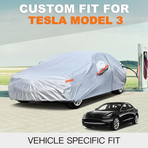 Kayme Waterproof Breathable Car Cover Compatible with Tesla Model 3 (2017-2025), 6 Layers Outdoor Car Cover, Rain Sun Dust Cover with Zip and Cotton Lining.
