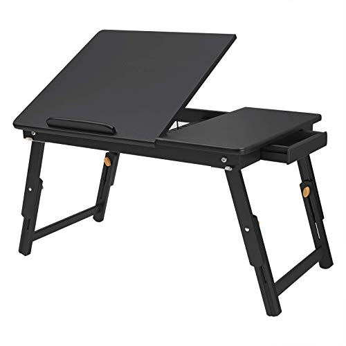 SONGMICS Multi-Function Lapdesk Table, Foldable Bed Tray, Adjustable Breakfast Table, with Tilting Top, Storage Drawer, Bamboo Wood, Black ULLD01BK (Renewed)
