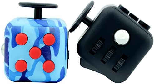 Fidget Cube Set for Fidgeters! Fidget Click Cube Toys Relief Stress, Anxiety, and Boredom for Child and Adult with White Cases - One Camo Blue Plus One Black