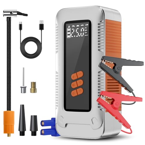 HUSEYTA Fuente de alimentación de Arranque de Coche de 2500 A con compresor de Aire de 150 PSI, Caja de Arranque de Coche, arrancador de batería de portátil, Pantalla LCD, luz LED (Plata)