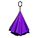 Double Layer Wind UV Proof Reverse Folding Inverted Travel Umbrella with C Shape Handle and Carrying Bag-Purple
