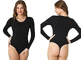 Ladies Roundneck Cotton Long-sleeve Stretch Quality Thong Black Leotard/bodysuits