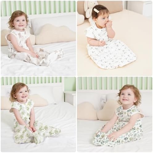 Saco-cama para bebés de verão, saco-cama unissex de 0,5 tog para bebés dos 18 aos 36 meses, algodão 100% respirável, saco ajustável de 85 a 100 cm, padrão de folhas verde-escuras