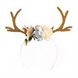WINZIK Children Girls Halloween Headwear Headband Deer Antlers Flower Hair Hoop Christmas Party Costume Photo Props Headdress (Kahki)