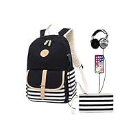 KaixinRoom Teenage Girls School Backpack Vintage Bookbag with USB Charging Port (Black)