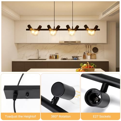 VivaLet Dining Table Pendant Ceiling Lamp with 8 Bulbs, E27 Base, Black, Swivel Head, Height Adjustable Industrial Pendant Lamp for Dining Room, Kitchen, Bar, Restaurant