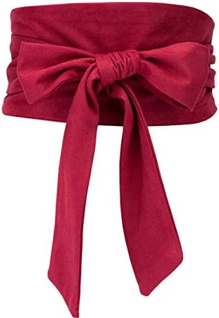 shengweiaoWomen's Self Tie Wrap Around Obi Soft Wide Waist Band Cinch Boho Dress Belt (Red, Fit to waistline 26.7"- 35.4")