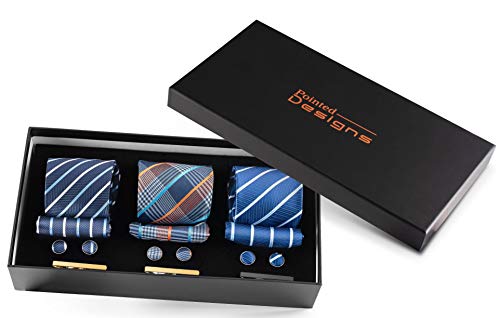 Pointed Designs Men's Gift Set - 3 Neckties in a Beautiful Gift Box with Matching Cufflinks, Handkerchiefs and Tie Clips
