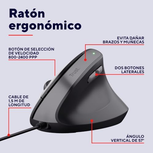 Yuno Ratón Vertical, Ratón Ergonómico para Diestros, Negro