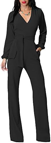 Women's Sexy Wide Leg Long Sleeve Belted Tights High Waist Jumpsuit Rompers