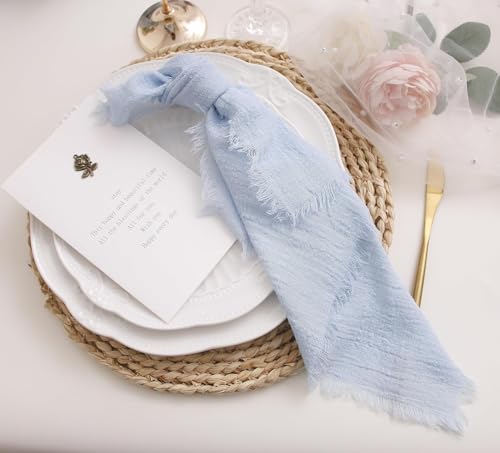12 Pieces Cloth Napkins with Fringe, Gauze Washable Fall Napkins for Wedding Decorative Dinner Parties Home Table Decorations (42 * 42cm, Light Blue)