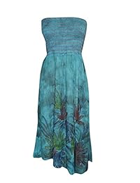 Mogul Womens Dress Tie-Dye Blue Smocked Strapless Flared Fall Fashion M
