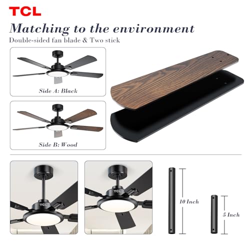TCL Ceiling Fans with Lights, 52 Inch Ceiling Fan with Light and Remote Control, Reversible DC Motor, Noiseless, Dimmable 36W LED, Modern Ceiling Fan for Bedroom Living Room (Black)