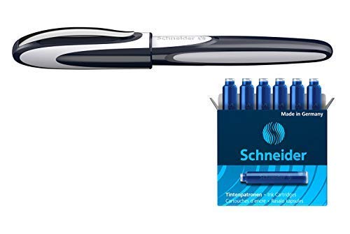 Schneider Ray Rollerball Pen with Stainless Steel Nib Includes 1 + 6 Blue Ink Cartridges Made in Germany (Blue/Grey)