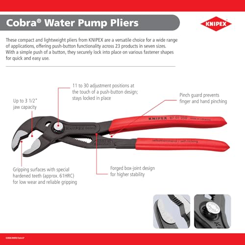 KNIPEX Cobra Wasserpumpenzange, 250 mm, Muttern bis 46 mm, Rohre bis 50 mm, Feinverstellung per Knopfdruck, Rohrzange, 87 01 250 4