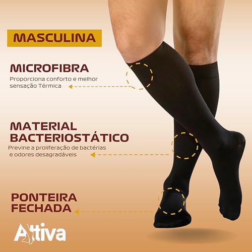 Meia de Compressão Masculina 3/4 Panturrilha Média 18-21 mmHg ATTIVA - Meia para Circulação, Varizes, Pernas Inchadas e Cansadas - Ideal para Trabalho, Viagem e Conforto Diário