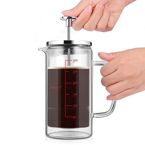 French Press Coffee Tea Maker with 2 Espresso Cups | Double Wall | Stainless Steel Plunger,350ml/10oz by AMFOCUS