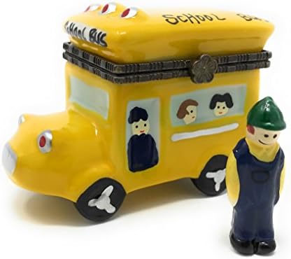 Porcelain School Bus Hinged Lid Trinket Box with Tiny Trinket Inside, By Artgifts, 2.75L