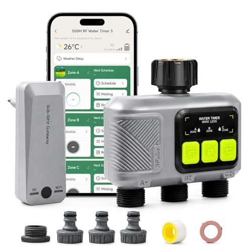 johgee Programador Riego WiFi 3 Salidas con tecnología RF 433, riego temporizado inteligente con APP, control por voz Alexa, 6 horarios de riego, temporizador de riego automático para jardín