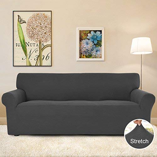 Easy-Going Stretch Sofa Slipcover 1-Piece Sofa Cover Furniture Protector Couch Soft with Elastic Bottom Anti-Slip Foam Kids, Spandex Jacquard Fabric Small Checks( Sofa,Dark Gray)