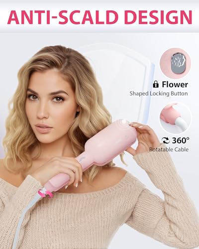 NOVUS Waver Curling Iron, Beach Waves Curling Wand, Ionic Hair Waver with Anti-Scald Hair Crimper, Easy to Use, 2 Barrel Hair Crimper for All Hair Types Women, Pink, 1.25 Inch