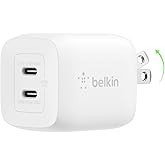 Belkin 45W Dual USB-C Wall Charger, Fast Charging Power Delivery 3.0 w/GaN Technology for iPhone 17, 16, 15, 14, Pro, Pro Max
