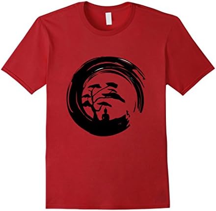 Mens Buddha under Bonsai Tree in Enso Circle - Calligraphy Shirt Large Cranberry