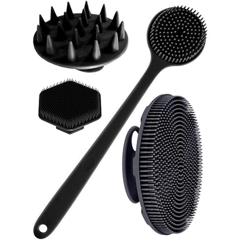 Set de cepillos corporales de silicona de 4 piezas, cepillo de mano no eléctrico con empuñadura antideslizante para un poder de limpieza superior y cerdas suaves para limpiar y masajear cada parte de su cuerpo. (Black)