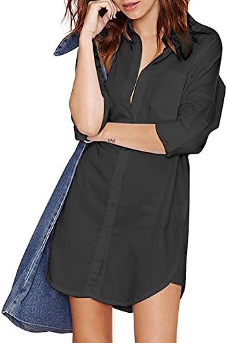 Richkoko Women Solid Long Sleeve Boyfriend Pocket Button Blouse Dress