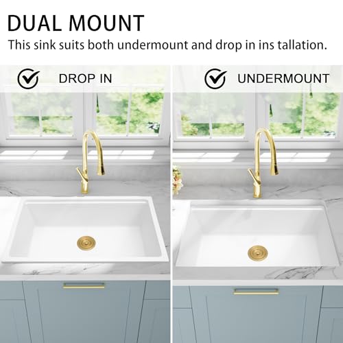 YAQUN White Undermount Kitchen Sink 32 Inch - Drop in Granite Quartz Composite Workstation Sink - Deep Single Bowl,Dual Mount,with Accessories