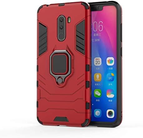 Xiaomi Poco F1 Case+ Screen Protector, ZLDECO Shockproof Defender Hard Case Ring Kickstand Cover with 1 Tempered Glass Screen Protector Protective for Xiaomi Pocophone F1(2018) (Red with Ring)