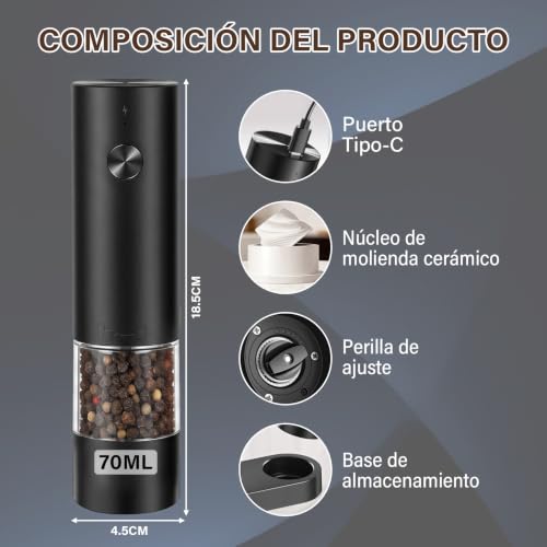 GALASALA Salero y Pimentero Eléctrico de 2 Piezas, Alta Capacidad | Molino de Sal y Pimienta con Grosor Ajustable, Moledor de Pimienta Ideal para Sal Marina, Especias, Cocina y BBQ