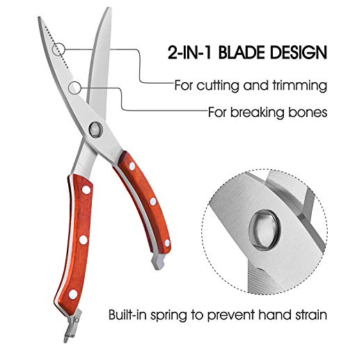 Heavy Duty Stainless Steel Kitchen Shears With Spring Loaded Wood Handle And Professional Blade Poultry scissors For Spatchcock Turkey Lobster And Bone By Proshear (Red) - Thumbnail 3