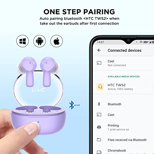 HTC 2023 True Wireless Earbuds 1 Bluetooth 5.1 Earphones, in-Ear Headphone ENC Noise Cancellation with Transparent Charging Case, 32-Hour Playtime/Built-in Mic/Touch Control -Crystal Purple