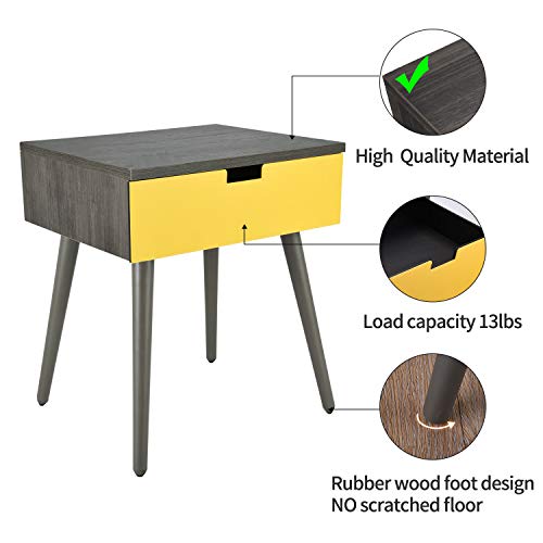 Frylr Nightstand Bedside Table with Drawer Solid Wood Legs End Table for Living Room Bedroom 18.8''x15.7''x21.5'- Grey and Yellow