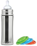 Pura Kiki Stainless Steel Infant Bottle, Natural, Silicone Sleeve, 11 Ounce, Plus Set of 3 Silicone Sealing Disks