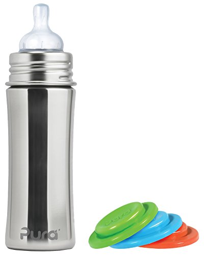 Pura Kiki Stainless Steel Infant Bottle, Natural, Silicone Sleeve, 11 Ounce, Plus Set of 3 Silicone Sealing Disks