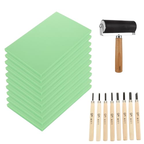 17PCS Rubber Stamp Carving Kit 4x6” Linoleum Block Carving Tools for Printmaking, Stamp Making Kit Printmaking Supplies Linoleum Block Printing Kit (8 Block, 8 Carving Knives,1 Rubber Roller)