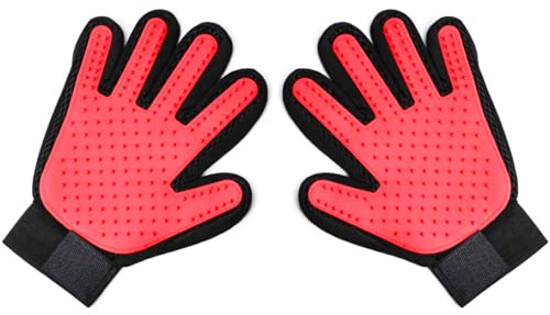 Boolavard Pet Grooming Glove - Gentle Deshedding Brush Glove - Efficient Pet Hair Remover Mitt - Enhanced Five Finger Design - Perfect for Dog & Cat with Long & Short Fur - 1 Pair (Red)