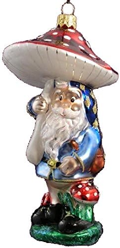 5.9″, Lovely Christmas Glass Ornament, Hand Painted in Poland, Dwarf with a toadstool