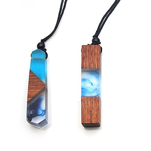 Sparklelife 2 PCS Women Men Necklace Handmade Vintage Resin Wood Statement Necklaces Long Rope Wooden Pendants Necklace Jewelry Birthday