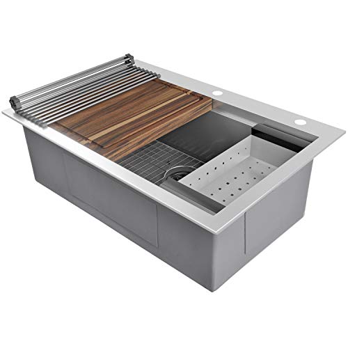 MOWA CounterFinesse 33 x 22 inch Workstation Topmount Kitchen Sink, Luxury Drop In Workstation Sink -Pack of 7 w/ 17.5" Acacia Butcher's Block - Tight Radius 16 Gauge Stainless Steel Single Bowl Sink - Thumbnail 4