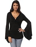 Fancyqube Women's Sexy V-Neck Twist Knot Front Long Bell Sleeve Blouse Tops Black XL