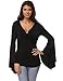 Fancyqube Women's Sexy V-Neck Twist Knot Front Long Bell Sleeve Blouse Tops Black XL