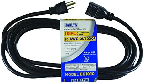 Harlyn EC1010 Indoor Outdoor Extension Cord - 10 Feet - Black - 16 AWG Gauge - 1625 Watts - 13 Amp - Three-pronged