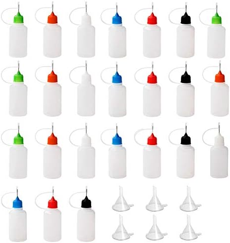 Novelfun 24Pcs Precision Tip Applicator Bottles, Small Squeeze Bottles with 6Pcs Mini Funnel for Alcohol Ink, Small Gluing Projects, DIY Quilling Craft, Acrylic Painting, Oiler Bottle, 30ml/1 Ounce