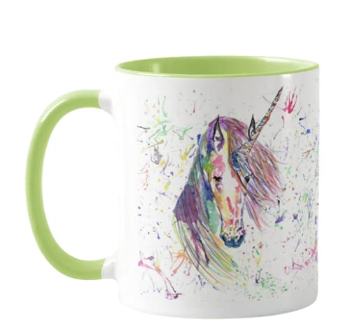 Vixar Unicorn Watercolour Rainbow Art Coloured Mug Cup, Gift, Birthday, Work, Office, Christmas Tea Coffee (L Green)
