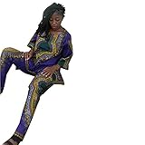 Elevin(TM) Women Summer African National Print Casual Straight Print Tops+Pants (Purple 1-XL)