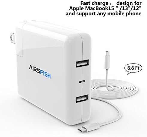 Macbook Pro charger 87W/61W/29W, Airsfish USB C Power Adapter for Macbook Pro 15 inch/13 inch/12 inch with Dual USB C Ports and One Type C Port.